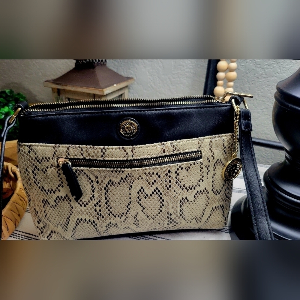 Anne Klein Snake Animal Print Black Faux Leather Crossbody  Bag Purse NWOT